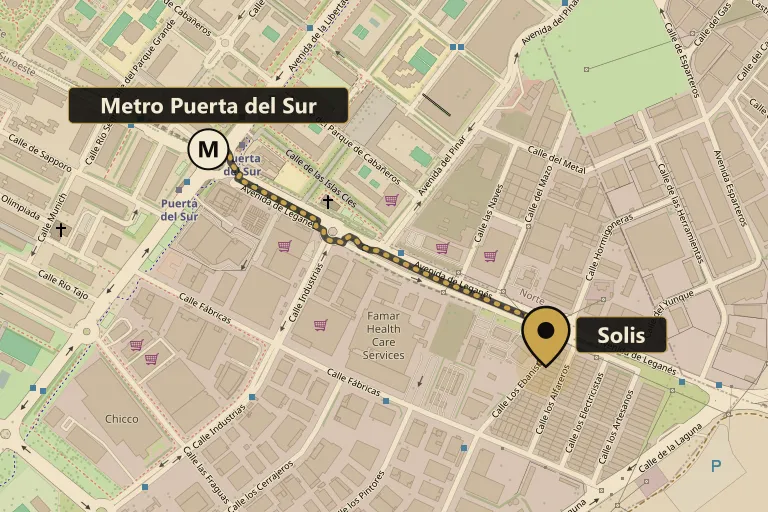 Mapa con la ubicación de Solis en C. los Ebanistas, 13, Alcorcón, y la ruta a pie de unos 11 minutos desde el Metro Puerta del Sur